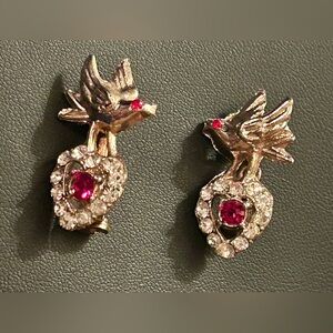 2 Vintage Rhinestone Heart Bird Pin Brooch Sparkly Love Valentine